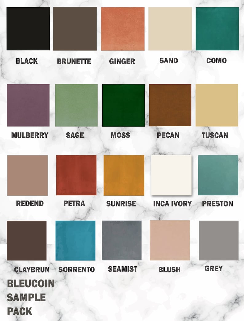 May include: A color chart with 20 different paint colors, including black, brown, red, green, blue, and beige. The colors are arranged in a grid of four rows and five columns. The names of the colors are listed below each color swatch.