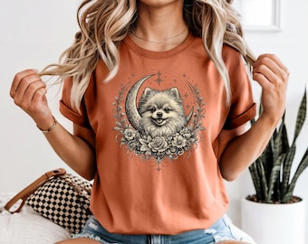 Celestial Pomeranian Moon Phase T-Shirt, Dog Mom Tee