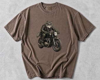 Wolf Biker Graphic Tee, Cafe Racer Motorcycle Rider Shirt, Garment Dyed Cotton