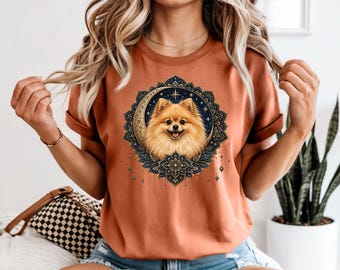 Celestial Mandala Pomeranian Shirt, Moon Phase Dog Lover Tee, Pomeranian Mom T-shirt