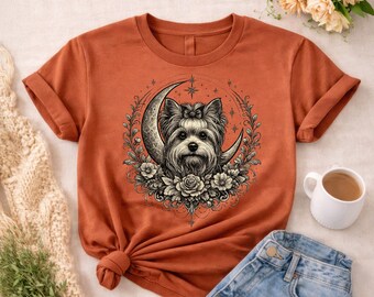 Celestial Yorkie Moon Phase Shirt, Mystic Floral Dog Art Tee, Yorkie Mom Gift