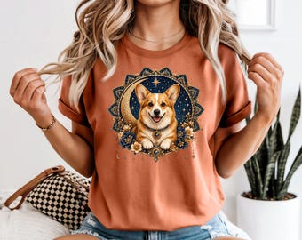 Celestial Mandala Corgi Graphic Tee, Moon Goddess Boho, Corgi Mom Shirt