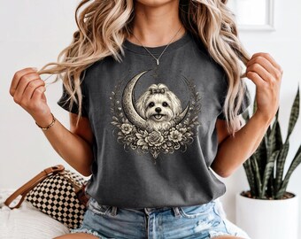 Celestial Maltese Dog Moon Phase Graphic Tee, Maltese Mom Gift