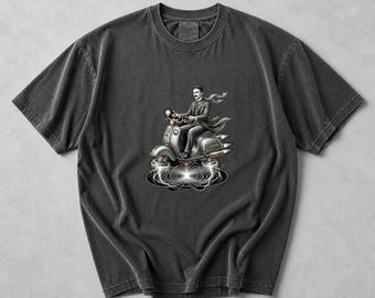 Nikola Tesla Hover Scooter Shirt, Steampunk Inventor Tee, Electric Energy Graphic T Shirt, Science Nerd Gift