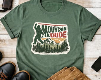 Maglietta Bigfoot Mountain Dude, maglietta grafica retrò da escursionismo, abbigliamento per avventure nella foresta