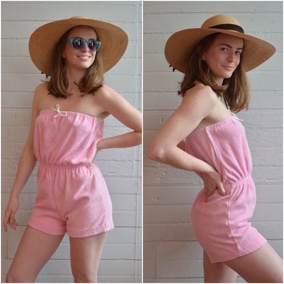 1980s 80s 1970s 70s pink terrycloth romper sleevel