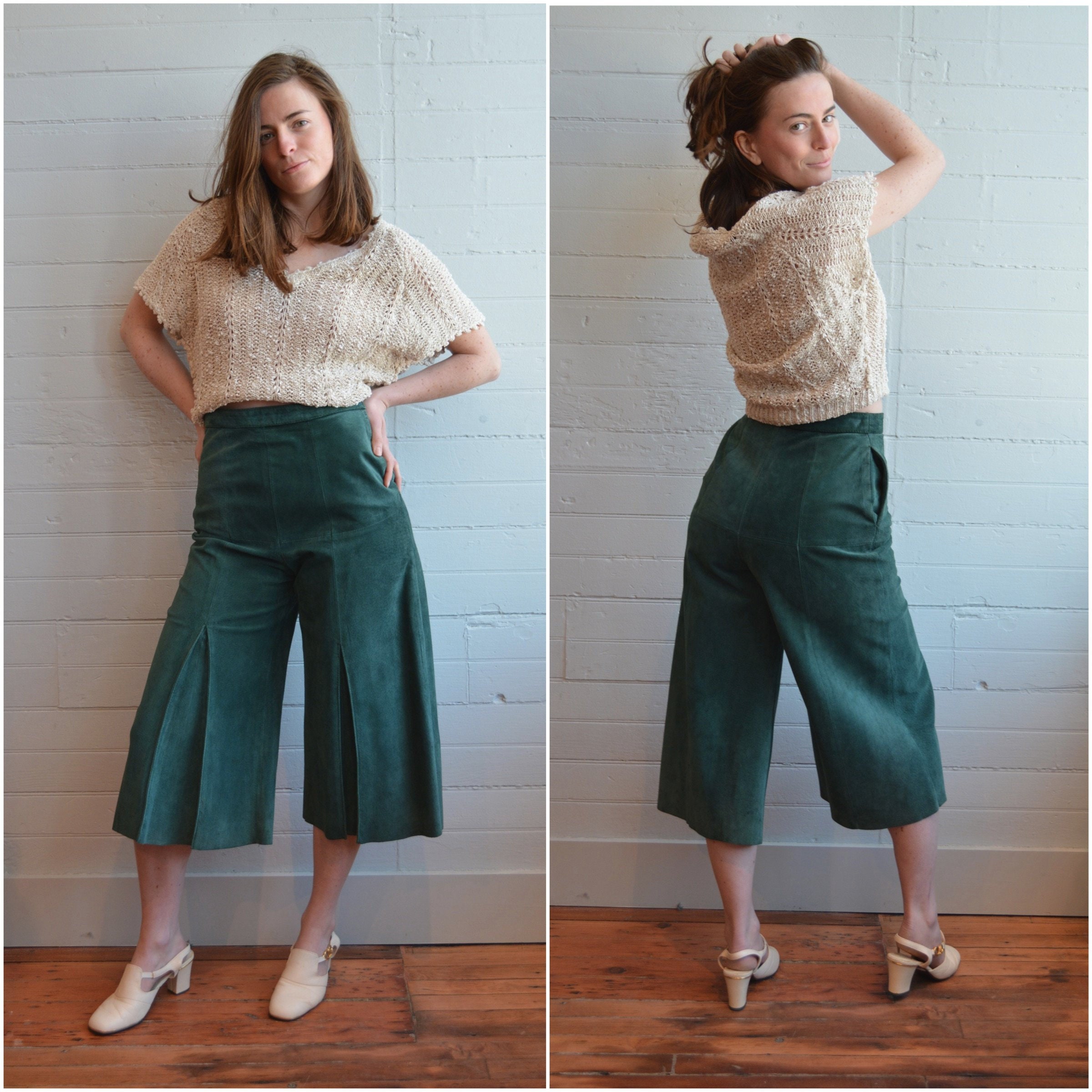 1970s 70s 1980s 80s green suede culottes leather wide leg | Etsy