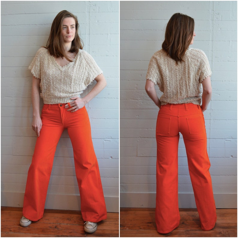 early 1970s 70s bright orange wide legged pants funky bell bottoms denim size 0 xs