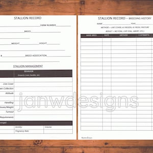Pu&ograve; includere: Un modulo di registrazione stallone stampabile con sezioni per informazioni di base, storia della riproduzione e gestione dello stallone. Il modulo include campi per nome, nome della stalla, data di nascita, colore, marchi, numero di registrazione, tassa di stallone, razza, peso, altezza, associazione di razza, copertura dal vivo, raccolta di sperma, atteggiamento, gestione, problemi dietetici, pascolo, requisiti speciali, conteggio degli spermatozoidi, mobilit&agrave;, volume, morfologia e tasso di gravidanza.