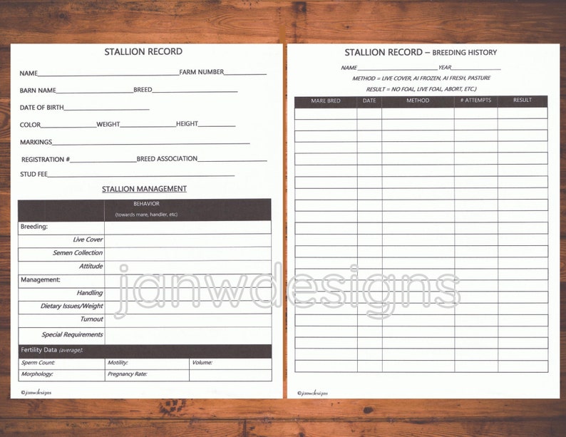 Pu&ograve; includere: Un modulo di registrazione stallone stampabile con sezioni per informazioni di base, storia della riproduzione e gestione dello stallone. Il modulo include campi per nome, nome della stalla, data di nascita, colore, marchi, numero di registrazione, tassa di stallone, razza, peso, altezza, associazione di razza, copertura dal vivo, raccolta di sperma, atteggiamento, gestione, problemi dietetici, pascolo, requisiti speciali, conteggio degli spermatozoidi, mobilit&agrave;, volume, morfologia e tasso di gravidanza.