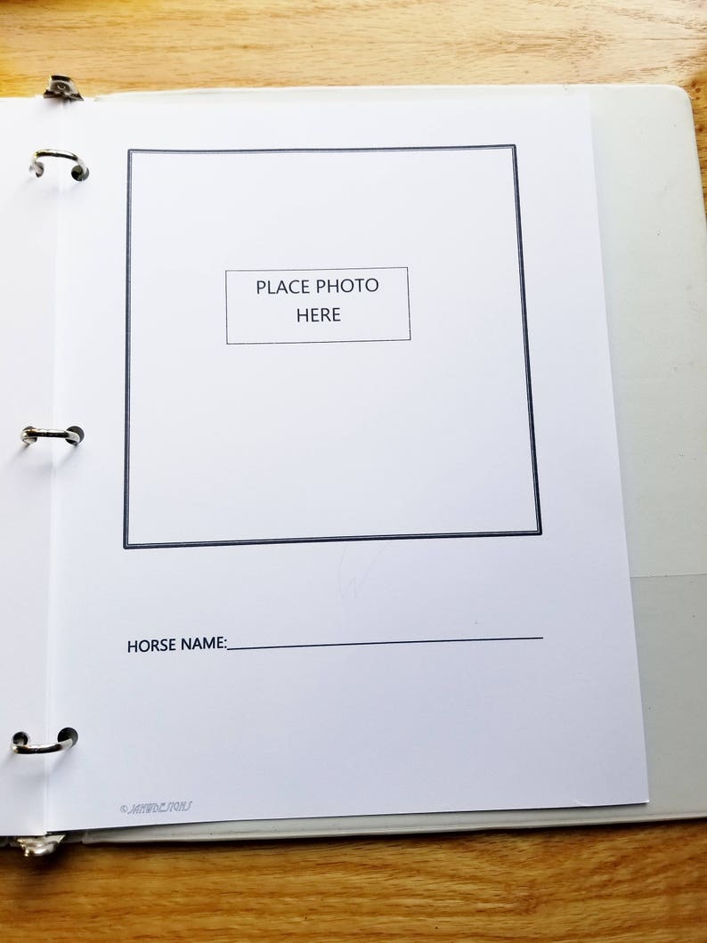May include: A white page with a black border around a blank space for a photo. The text "PLACE PHOTO HERE" is in the centre of the blank space. Below the photo space is the text "HORSE NAME:" followed by a blank line.