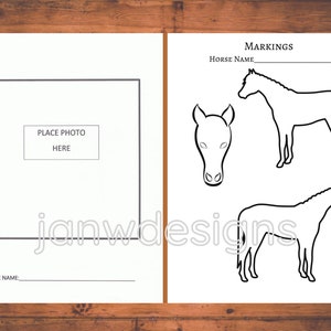 Pu&ograve; includere: Grafico di marcature del cavallo stampabile con un posto per aggiungere una foto del cavallo. Il grafico include un contorno della testa del cavallo e due contorni del corpo del cavallo per i dettagli delle marcature.