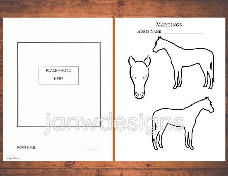 Pu&ograve; includere: Grafico di marcature del cavallo stampabile con un posto per aggiungere una foto del cavallo. Il grafico include un contorno della testa del cavallo e due contorni del corpo del cavallo per i dettagli delle marcature.