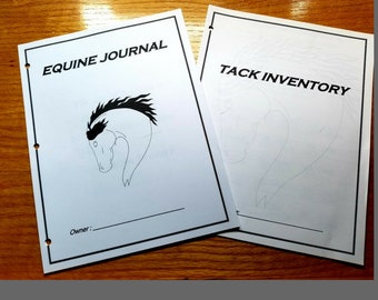 May include: Two blank journal covers, one titled "Equine Journal" with a horse head illustration and the other titled "Tack Inventory". The covers are on a wooden surface. The text "Bundle Special!" is at the top of the image and the text "Get both for one special price!!" is at the bottom of the image.