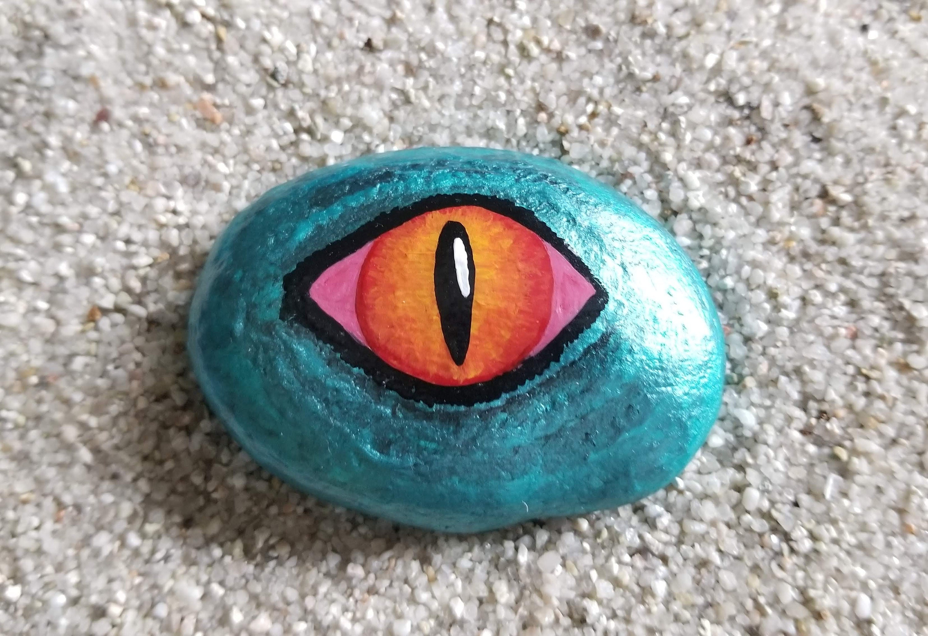 Dragon's eye, Metallic Turquoise, painted rock, stone, fantasy, sci fi