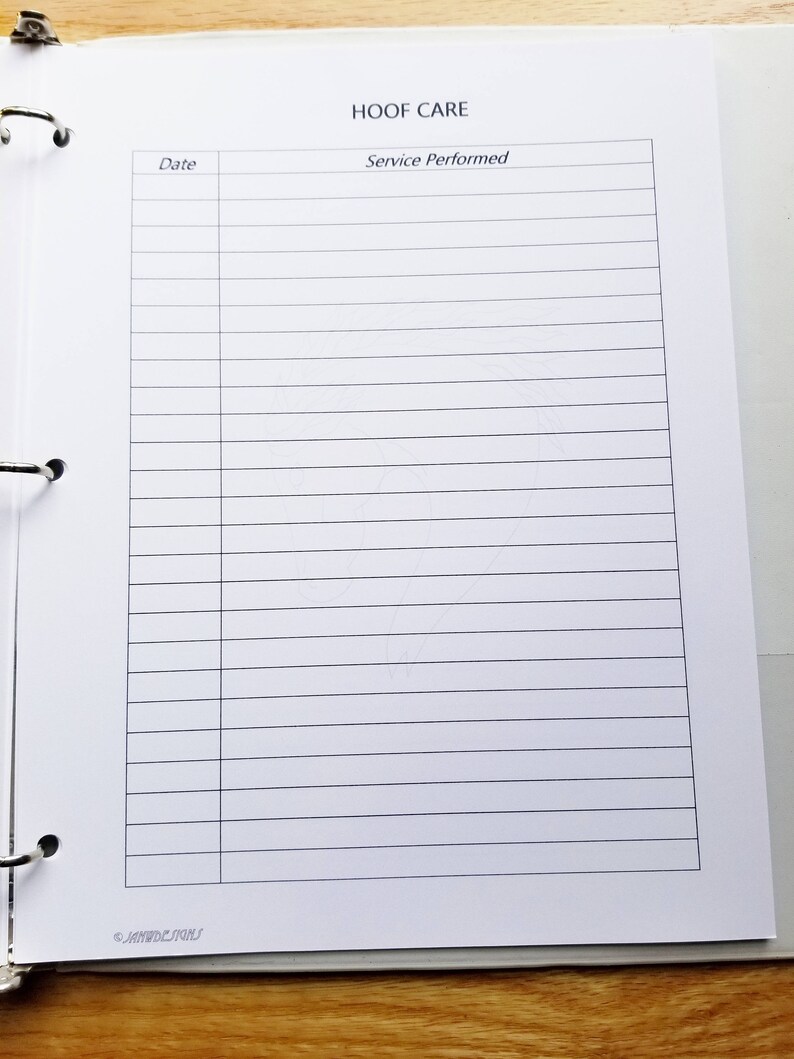 May include: A white binder with the title "HOOF CARE" and columns labelled "Date" and "Service Performed".