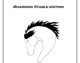 May include: Black and white illustration of a horse's head with a mane, titled "Equine Journal Boarding Stable Edition".