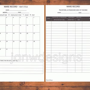 Pu&ograve; includere: Un foglio di registrazione della cavalla stampabile con un calendario per tenere traccia dei cicli di calore e una sezione separata per registrare la palpazione, l'ecografia e i referti veterinari. Il foglio include colonne per la data, la palpazione o altra chiamata veterinaria, il battito cardiaco rilevato, la dimensione del follicolo e le note.