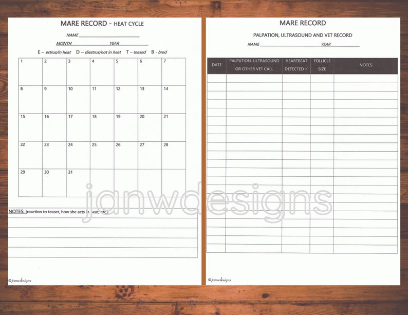 Pu&ograve; includere: Un foglio di registrazione della cavalla stampabile con un calendario per tenere traccia dei cicli di calore e una sezione separata per registrare la palpazione, l'ecografia e i referti veterinari. Il foglio include colonne per la data, la palpazione o altra chiamata veterinaria, il battito cardiaco rilevato, la dimensione del follicolo e le note.
