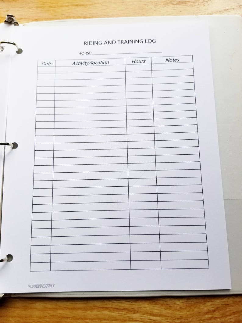 May include: A blank white log book with the title "Riding and Training Log" and columns for "Date", "Activity/Location", "Hours", and "Notes".
