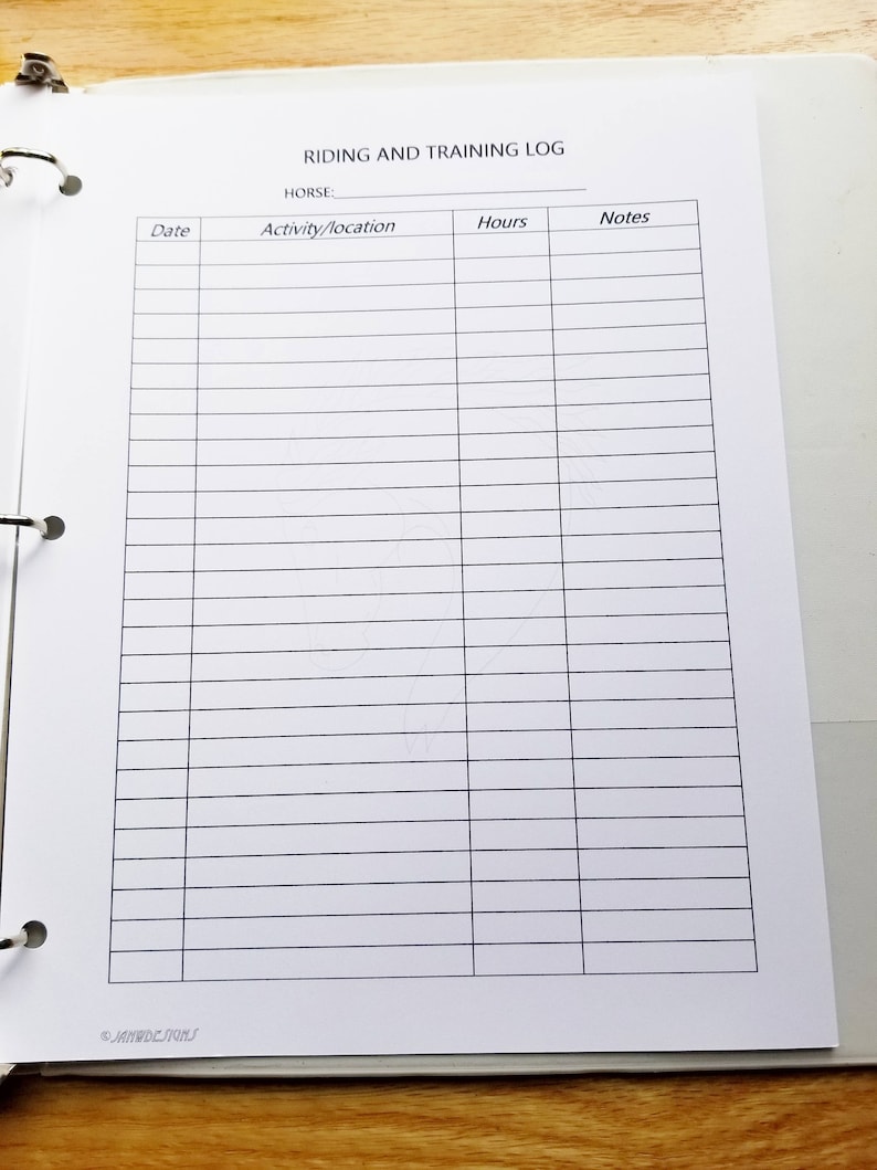 May include: A blank white log book with the title "Riding and Training Log" and columns for "Date", "Activity/Location", "Hours", and "Notes".