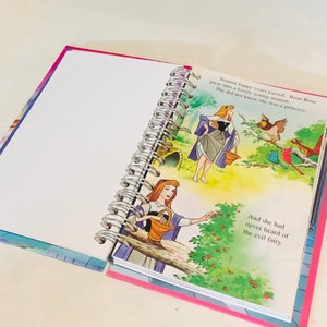 May include: An open book with a colourful illustration of a princess picking berries from a bush. The text reads "Sixteen happy years passed. Briar Rose grew into a lovely young woman. She did not know she was a princess. And she had never heard of the evil fairy."