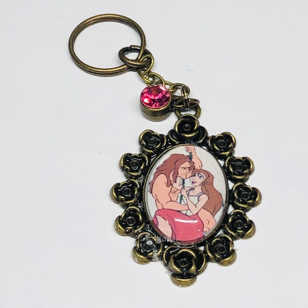 Tarzan and Jane Small Oval Cameo Necklace Keychain or Brooch. Disney Storybook Illustration