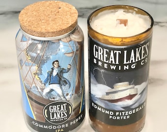 Recycled Great Lakes Brewing Beer Bottle or Can Wooden Wick Soy Coconut Wax Candle