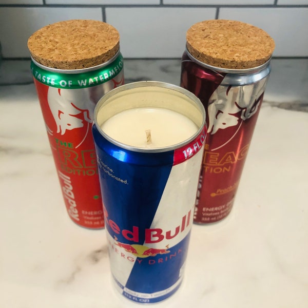 Recycled Red Bull Can with cork lid 8 or 12 oz Soy Candle Blue/Green/Peach/Red/Coconut/Dragon Fruit/Apple Fig