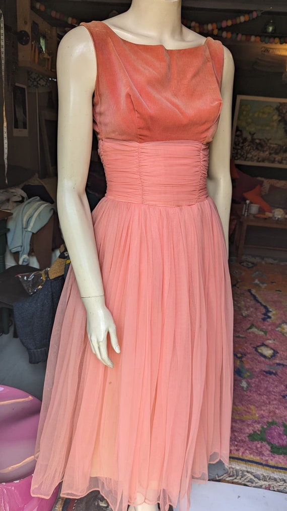 XS Vintage 50s Pink Velvet Tulle Party Dress W:24