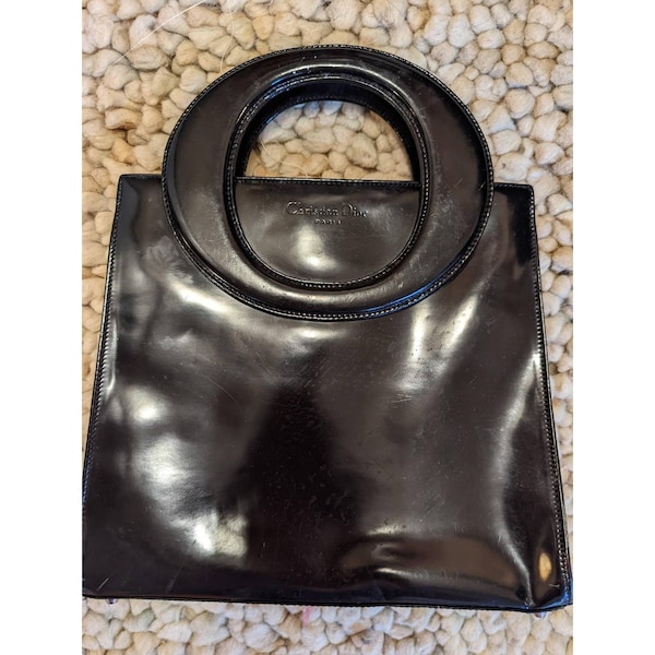 70s Vintage Christian Dior Black Patent Leather Purse Red Interior