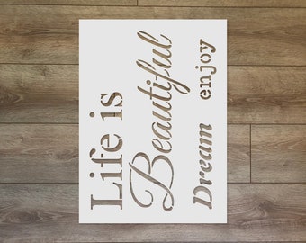 Life Is Beautiful Quote Stencil - Inspirational Text Mylar Template for Wall Art, Crafts
