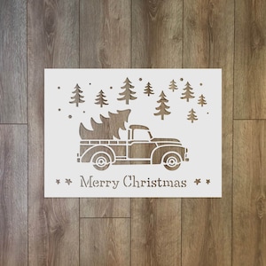 Merry Christmas text with trees and truck - Christmas / Winter Reusable Plastic Stencil
