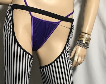 3pc Chaps Set - Black & White Stripe Flare Leg CHAPS Fantasy Beetlejuice Inspired Costume Clubwear Cosplay Chaps Purple Thong set