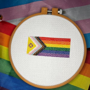Op de afbeelding: Een close-up van een kruissteekborduursel van de Progress Pride-vlag, met een gele cirkel met een roze driehoek erin, op een witte achtergrond. Het borduursel is ingelijst in een bruine houten ring.