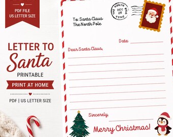 Plantilla para escribir cartas a Papá Noel / Actividad navideña imprimible para niños / Carta al Polo Norte en PDF (descarga instantánea)
