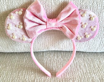 Pink Velvet Mickey Pearl Ears Headband.