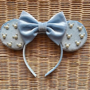 Minnie Pearl Ears with adjustable  strap or hard headband, Mickey Pearl Ears, Blue Velvet Ears.