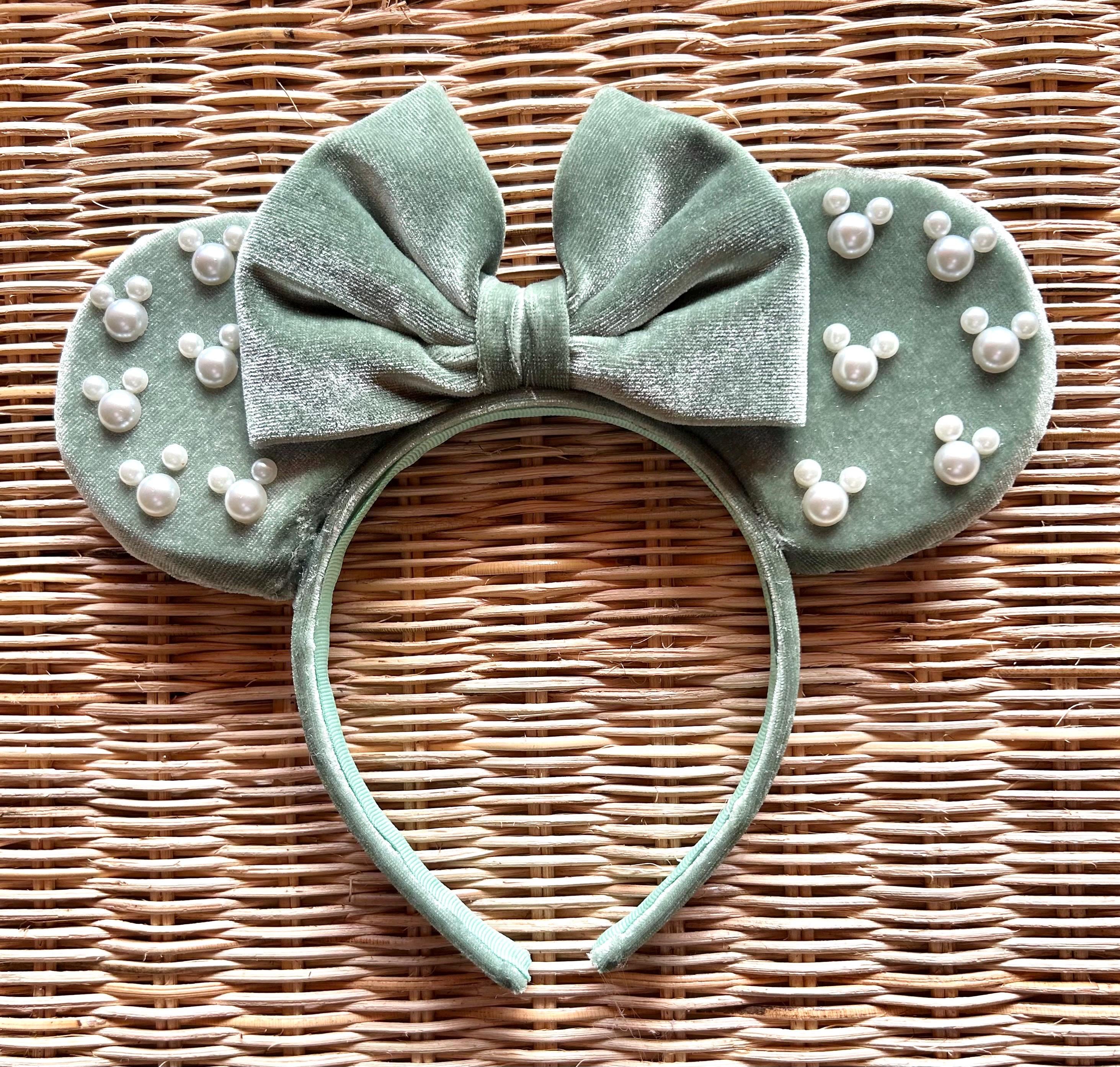 Custom made mouse ears. Green velvet with rhinestones. Forest Green Holiday Pearls Mickey Ears - Christmas Mickey  main image 2