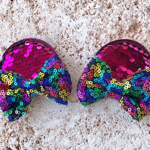 Minnie Mouse Hair Clip set, Hot Pink Sequin Minnie ears with Multi color sequin bow.