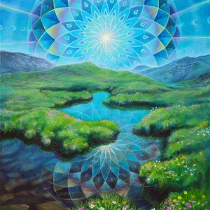 Euphoric Earth - Stampa su carta fine art - Paesaggio di montagna mandala con riflesso nell'acqua - di Morgan Mandala