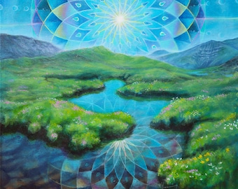 Euphoric Earth -Fine Art Paper Print - Mandala Mountain Landscape with Water Reflection - by Morgan Mandala