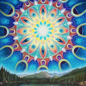 Solshine - Visionary Art Paper Print von Morgan Mandala - Sonnen-Mandala mit Berglandschaft - Colorado Bear Lake