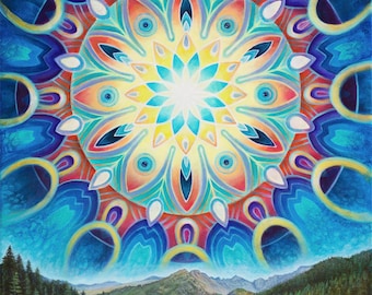 Solshine - Visionary Art Paper Print by Morgan Mandala - Sun Mandala with Mountain Landscape - Colorado Bear Lake