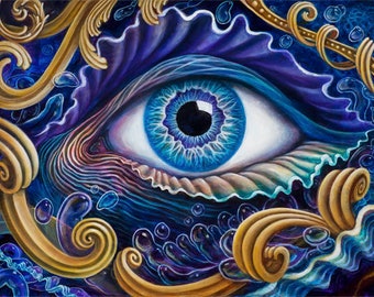 Eye of Poseidon - Visionary Art Paper Print by Morgan Mandala - Psychedelic Underwater Ocean Eye - Purple, Gold, Blue, Violet