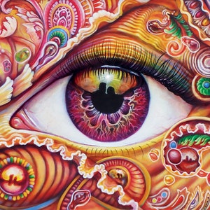 Reflection 5 - Paper Art Print by Morgan Mandala & Randal Roberts - orange and magenta eye paisley abstract