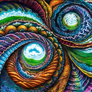Mundos interiores: póster en papel de una pintura en colaboración de Morgan Mandala, Randal Roberts y Sweet Melis: impresión de arte psicodélico visionario