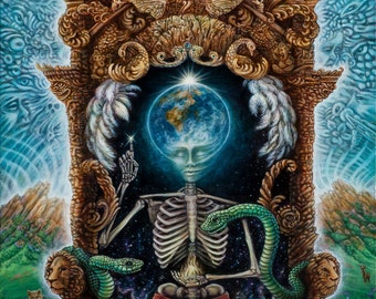 Samsara - Visionary Art Paper Print by Morgan Mandala - Psychedelic Landscape with throne of peace - Skeleton, animals, earth, space