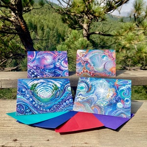Dialin' Greeting Cards - Set of 4 Blank Abstract Cards and Envelopes with art by Morgan Mandala, Randal Roberts, Krystleyez, and Sweet Melis