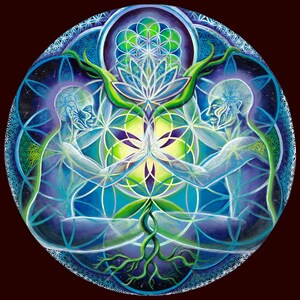 The Flowering of Divine Unification - A Visionary print depicting the blossoming of love through unification of  humans with the Divine